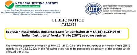 Rescheduled Entrance Exam 2021 for admission to MBA(IB) at IIFT IIFT Exam 2021
