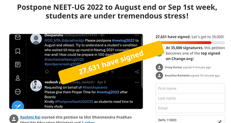 27.6 k Students signed to Postpone NEET UG 2022 NEET Postpone