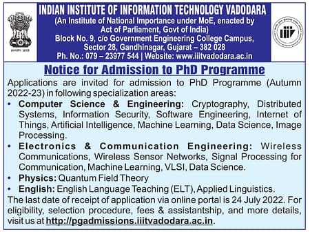 IIIT Vadodara PhD Admission 2022 IIIT PhD Admissions